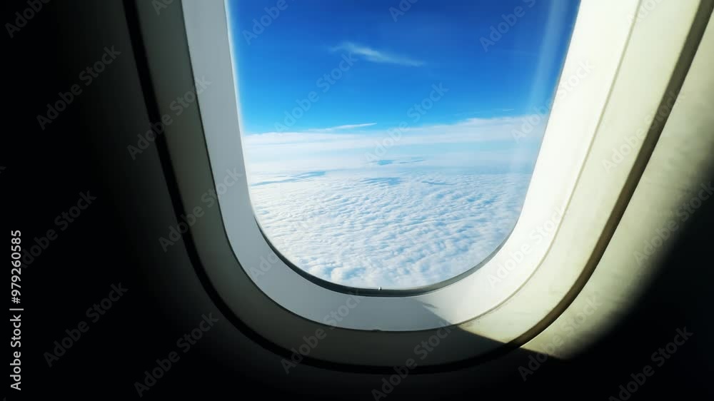 Passenger pov on flight from plane window with a blue sky and clouds