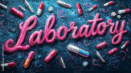 A variety of colorful pills and capsules are scattered across a dark, swirling textured background in this vivid and detailed artistic representation of a laboratory theme. photo