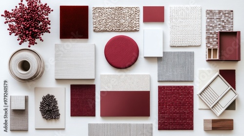 New flat lay composition in wine red color palette with textile and paint samples, lamella panels and tiles. Architect and interior designer moodboard. Top view. Copy space. Template