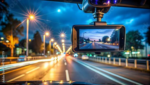 Night vision dashcam capturing wide-angle footage at night on the road , night vision, dashcam, wide angle lens, captures