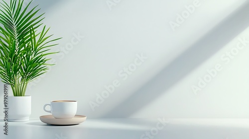 A minimalist coffee break features palm leaves and sunbeams, bathing the scene in warmth.