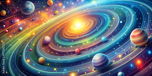 A detailed graphic of a colorful orbital background with swirling patterns and stars, space, cosmos, orbit, abstract