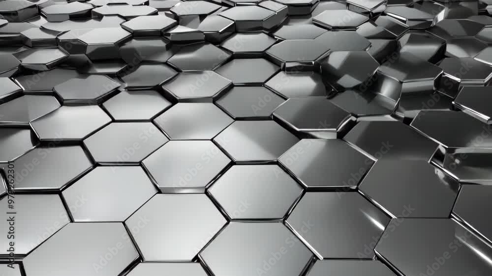 stock a striking abstract background of metallic hexagonal shapes. 3D hexagons create depth with reflective surfaces, ideal for tech themes or branding.