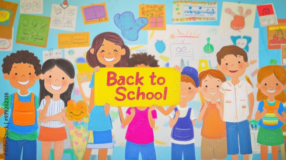 A back-to-school celebration scene with happy children in an elementary school classroom, featuring a diverse group A back-to-school celebration scene with happy children in an elementary school classroom, featuring a diverse group