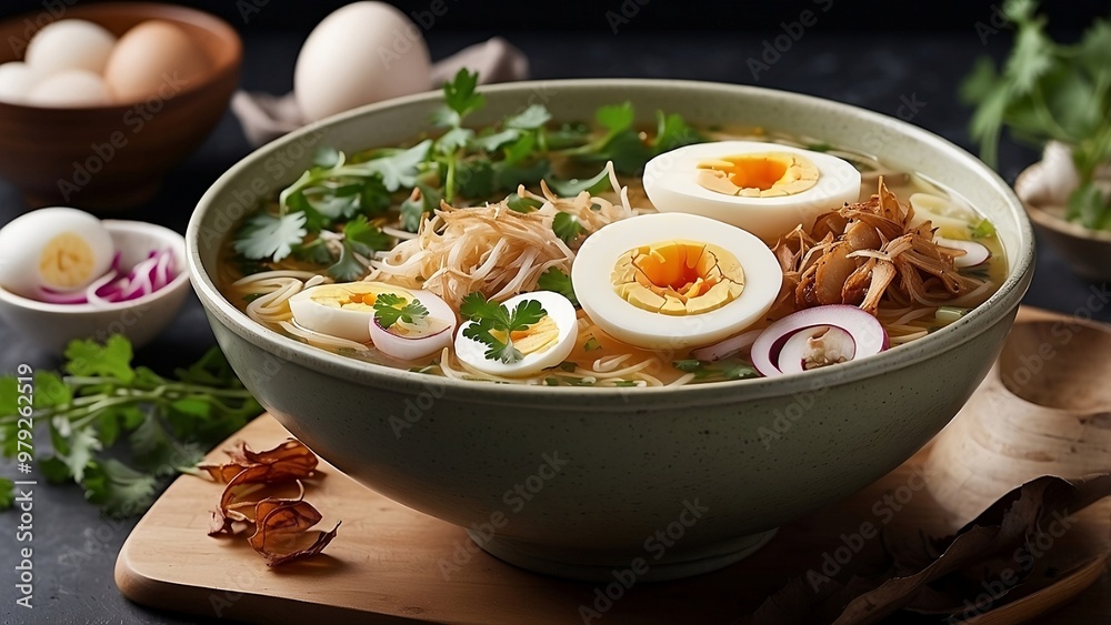 Feature soto ayam, an Indonesian chicken soup, adorned with an assortment of toppings such as hard-boiled eggs, crispy shallots, and a sprinkle of fresh herbs, highlighting its comforting and customi Feature soto ayam, an Indonesian chicken soup, adorned with an assortment of toppings such as hard-boiled eggs, crispy shallots, and a sprinkle of fresh herbs, highlighting its comforting and customi