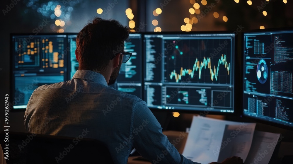 A business analytics engineer analyzing large datasets on a multi-monitor setup, with graphs and predictive models displayed, surrounded by technical and business documents A business analytics engineer analyzing large datasets on a multi-monitor setup, with graphs and predictive models displayed, surrounded by technical and business documents