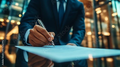 A corporate executive signing an important contract in a high-rise office 