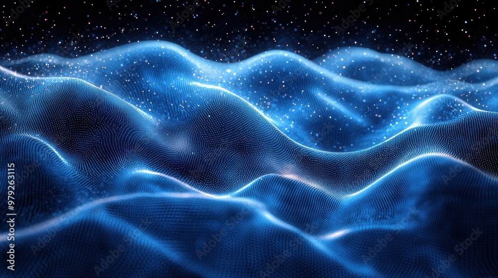 Digital waves of glowing blue light ripple through a starry night sky in a futuristic abstract artwork Digital waves of glowing blue light ripple through a starry night sky in a futuristic abstract artwork