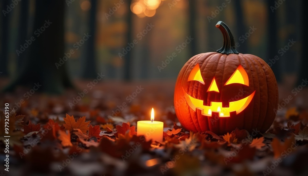 Autumns glow A jackolantern and candle light up the forest floor Autumns glow A jackolantern and candle light up the forest floor