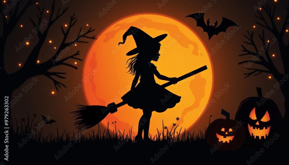Spooky Halloween scene with witch and jackolanterns Spooky Halloween scene with witch and jackolanterns