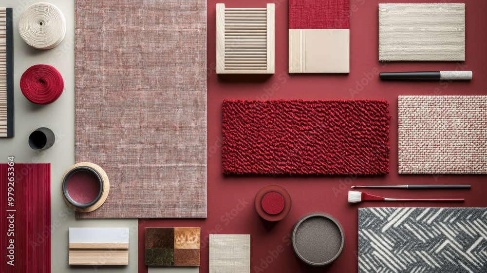 Deep color flat lay composition in wine red color palette with textile ...