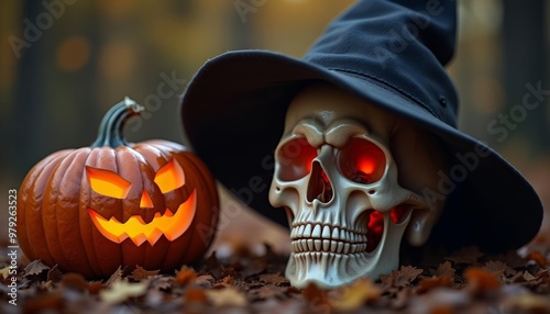  Spooky Halloween scene with jackolantern and skeleton