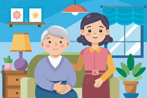 A happy elderly woman sits on a green sofa in a well-lit living room. A young woman stands behind, possibly her caregiver. Plants, pictures, and a lamp decorate the space.