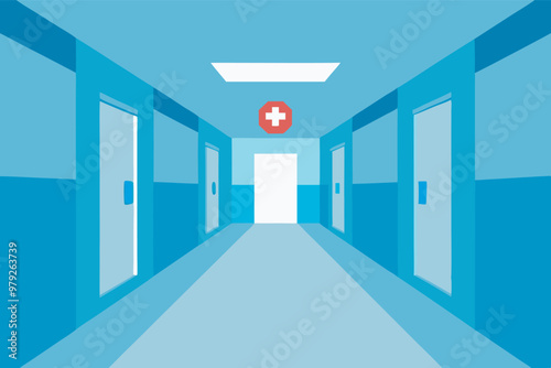 A serene hospital hallway with blue walls, grey floor, and red cross sign suggests an efficient care setting. Empty, calm, and quiet, emphasizing cleanliness.