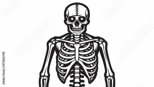 Detailed black and white human skeleton drawing on a plain background, highlighting skeletal features with medical precision and simplicity.