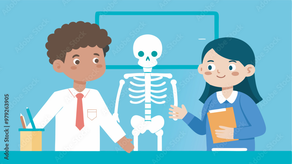 Two students in lab coats with classroom props stand by a blackboard with a skeleton drawn on it. They shake hands, hinting at collaboration in anatomy studies. Two students in lab coats with classroom props stand by a blackboard with a skeleton drawn on it. They shake hands, hinting at collaboration in anatomy studies.