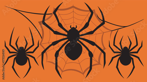 Image of three spiders in a square frame with vibrant orange background transitioning to light orange. Black silhouettes show contrast; central spider has detailed light orange abdomen.