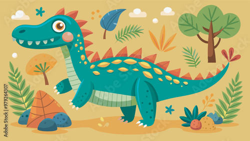 A cute green baby dinosaur with spiky elements and big eyes stands in a cartoonish style. It is surrounded by colorful plants and rocks in a stylized, flat illustration on a golden ground