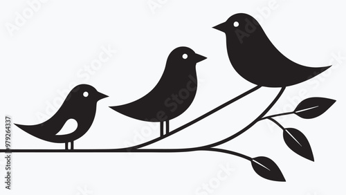 Black birds on tree branch, silhouettes facing left except for smallest bird. Peaceful, natural setting in black-and-white artwork.