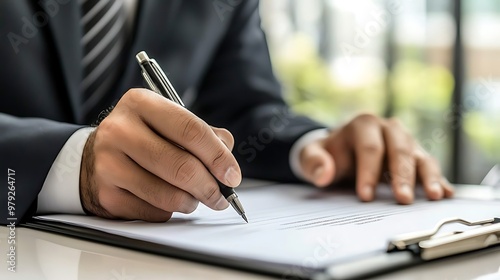 A corporate executive signing an important contract in a high-rise office 