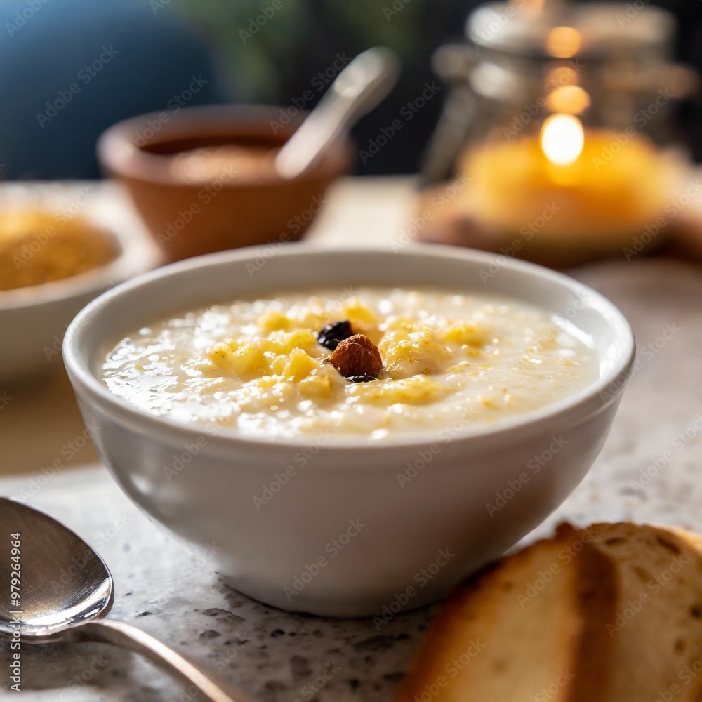 Comforting breakfast porridge with depth of field showcasing creamy textures and warm flavors