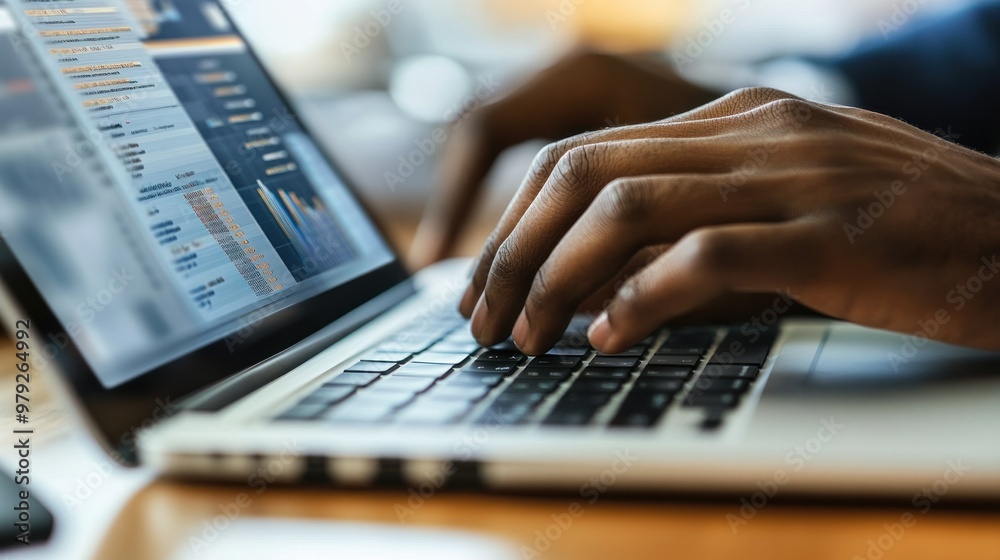 A close-up of a business analyst hands typing on a laptop, with multiple data analysis tools open on the screen, displaying complex data sets and insights A close-up of a business analyst hands typing on a laptop, with multiple data analysis tools open on the screen, displaying complex data sets and insights