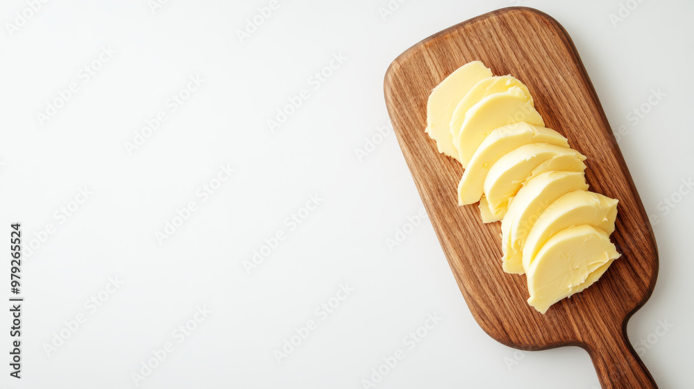 A wooden board with slices of delicious butter, set against a plain white background. A wooden board with slices of delicious butter, set against a plain white background.