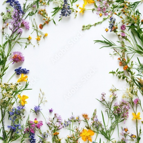 Floral background with wild flowers and copy space on white background.