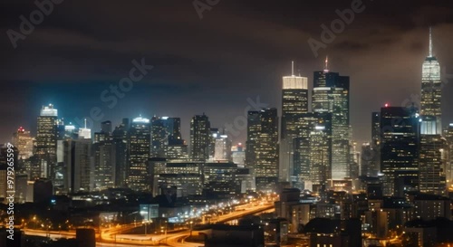 Wallpaper Mural .Timelapse of a city skyline at night with glowing windows and moving headlights. Torontodigital.ca