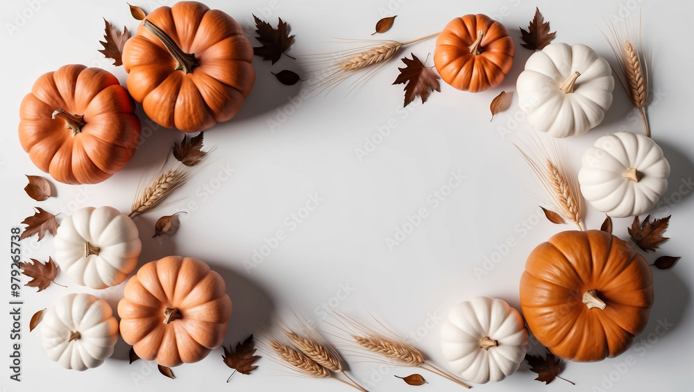 An elegant autumn arrangement with orange and white pumpkins, wheat stalks, and fall leaves framing a blank white background, perfect for seasonal invitations or messages. An elegant autumn arrangement with orange and white pumpkins, wheat stalks, and fall leaves framing a blank white background, perfect for seasonal invitations or messages.