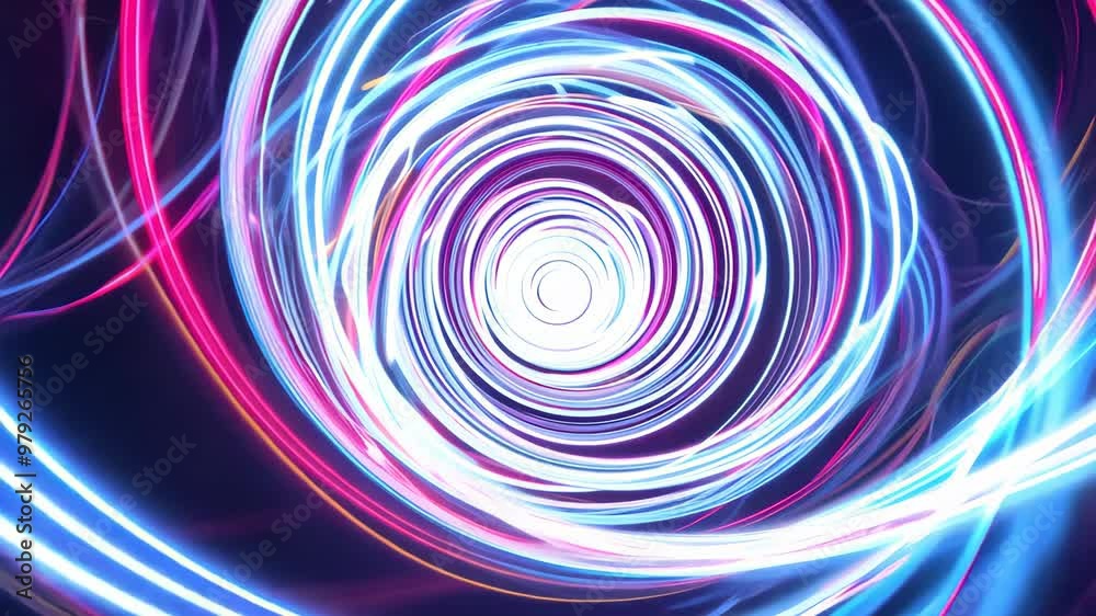 A swirl of neon lights forms an abstract vortex on a dark background. A swirl of neon lights forms an abstract vortex on a dark background.