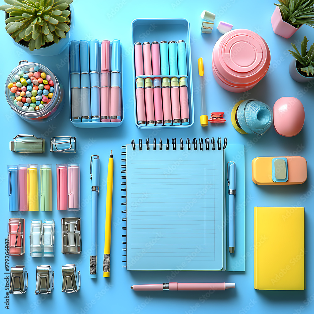A flat lay of office supplies on a pastel background, including pens, notebooks