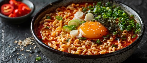 Embark on a culinary journey with traditional Japanese ramen. This image highlights vibrant vegetarian ramen with fresh vegetables and the savory aroma of miso soup with noodles, all set against