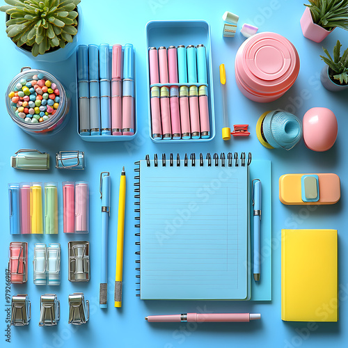 Obraz na płótnie A flat lay of office supplies on a pastel background, including pens, notebooks w salonie