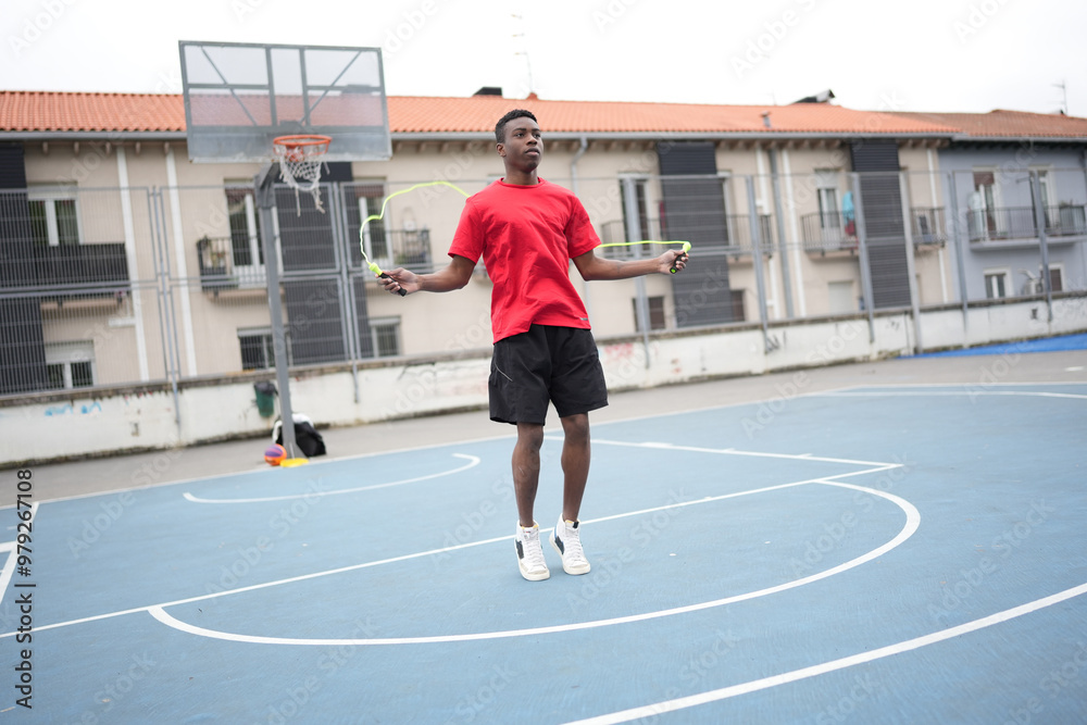 Fototapeta premium African man skipping rope in an urban basketball court