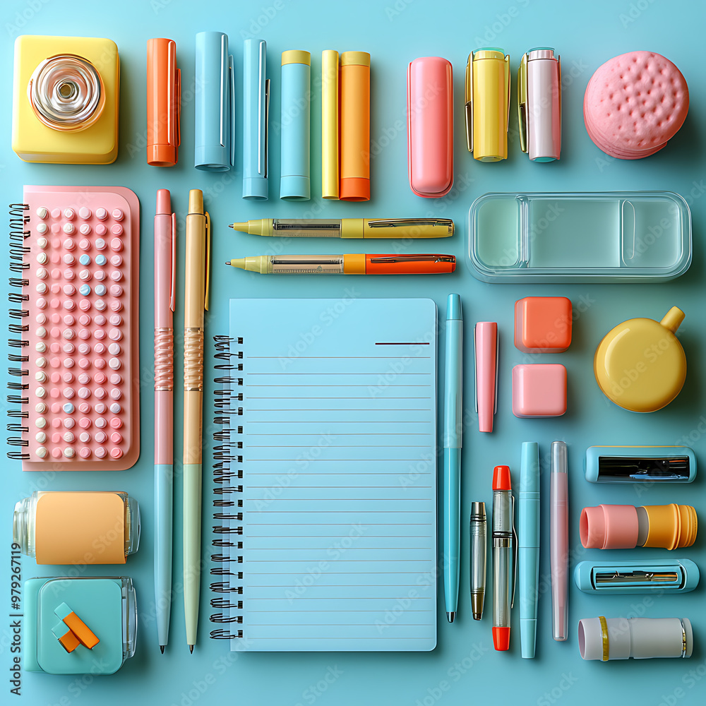 A flat lay of office supplies on a pastel background, including pens, notebooks