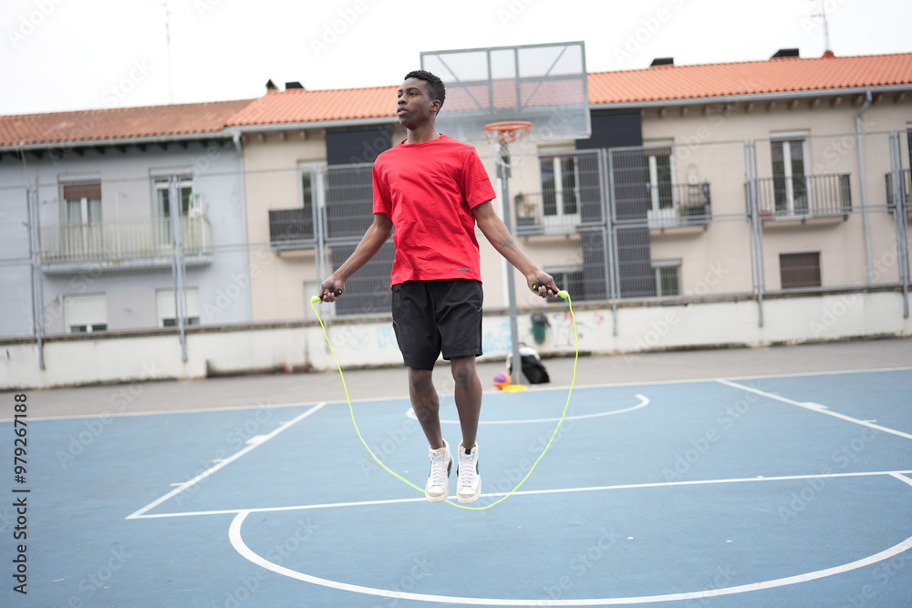 Fototapeta premium African man jumping rope warming up in basketball court