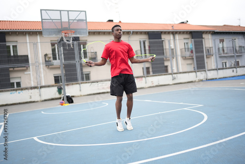 African man skipping rope in an urban basketball court