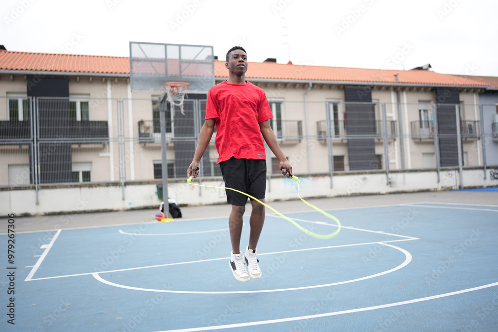 Fototapeta premium Young man skipping while working out in the city