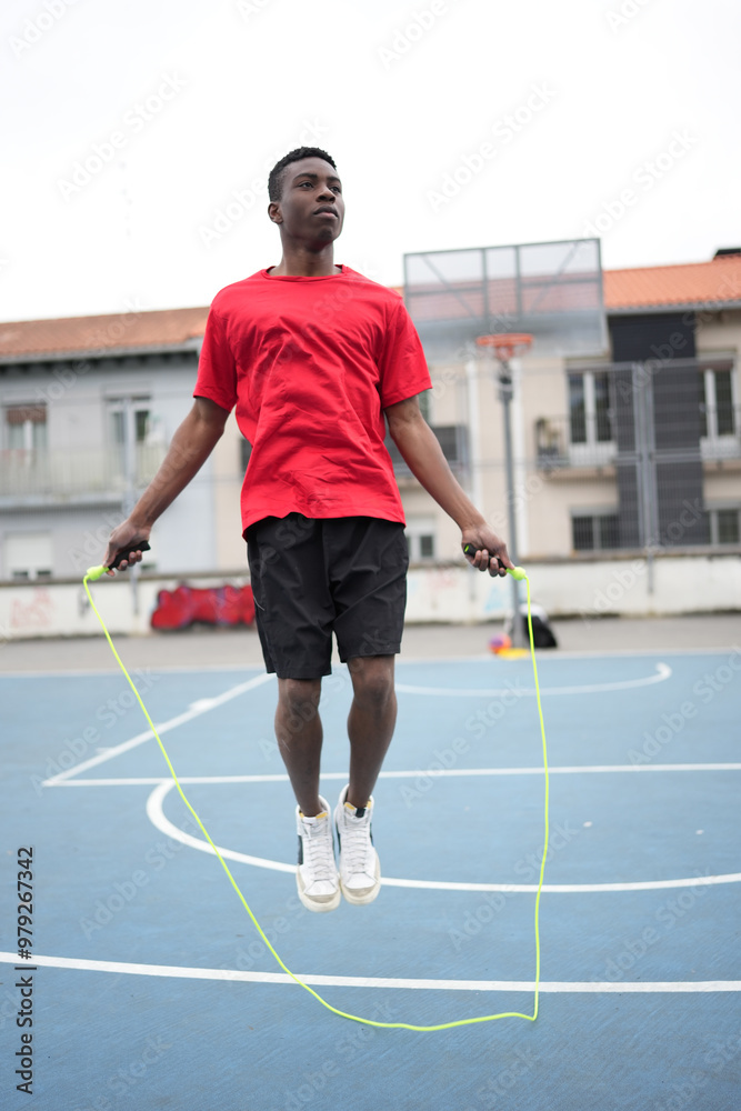 Fototapeta premium African young basketball player skipping rope to warm up