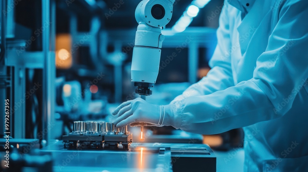 A close-up of an industrial automation consultant fine-tuning a robotic arm, ensuring precision and efficiency in manufacturing processes A close-up of an industrial automation consultant fine-tuning a robotic arm, ensuring precision and efficiency in manufacturing processes