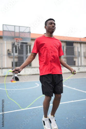 Energetic african teen jumping rope in an urban basketball court