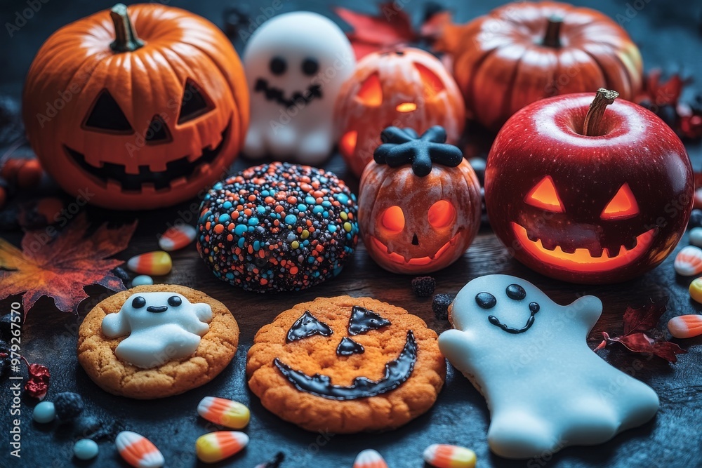 Halloween pumpkins and ghost cookies with festive autumn decorations