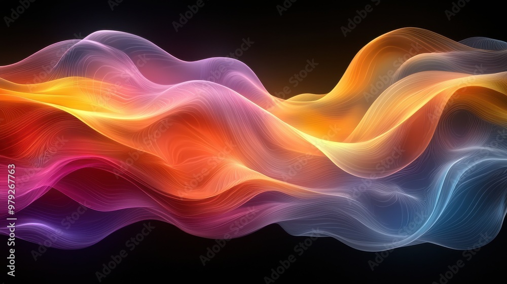 Ethereal waves of vibrant colors swirl together in a captivating display against a dark background Ethereal waves of vibrant colors swirl together in a captivating display against a dark background