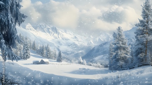 Wallpaper Mural A tranquil mountain scene under a heavy snowfall, with snow cascading down and covering the landscape in a deep, white blanket. The serene winter weather is depicted with soft, cool tones and  Torontodigital.ca