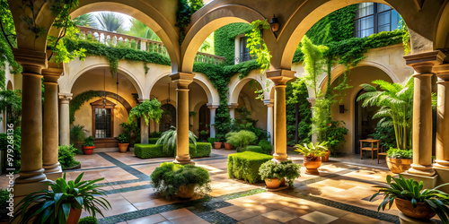 Serene sunlit courtyard with arched columns and lush greenery, ideal for indoor garden architecture