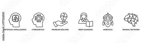 AI banner web icon illustration concept of artificial intelligence with icon of cybernetics, problem solving, deep learning, machine learning, robotics and neural network