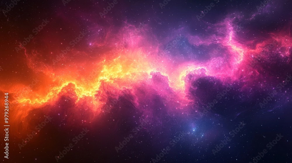 Obraz premium Vibrant cosmic nebula displaying brilliant shades of purple, orange, and pink against the backdrop of a star-filled universe