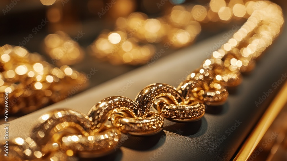 A detailed close-up of a gold chain, with fine craftsmanship visible, placed on a display cushion in a jewelry showcase, with a blurred background of other fine jewelry pieces A detailed close-up of a gold chain, with fine craftsmanship visible, placed on a display cushion in a jewelry showcase, with a blurred background of other fine jewelry pieces