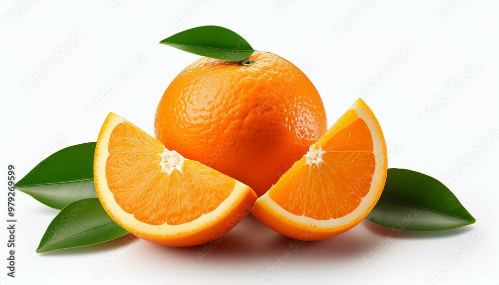Whole orange and slices cut with leaves isolated on white background Whole orange and slices cut with leaves isolated on white background